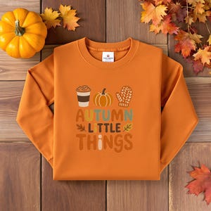 May include: An orange long-sleeve sweatshirt featuring a graphic print of a coffee cup, a pumpkin, and a mitten. The text "AUTUMN LITTLE THINGS" is printed in a multi-colored font below the icons, accompanied by small leaf illustrations.
