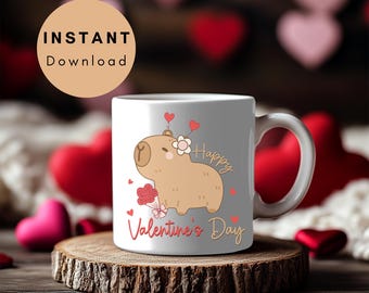 Envoltorio de taza para el día de San Valentín, descarga digital, imprimible, lindo regalo de capibara para San Valentín, regalo para novia, novio, ella, él, esposo, pareja