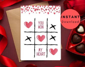 Tarjeta de San Valentín de Tres en Raya: Te has ganado mi corazón (Descarga digital)