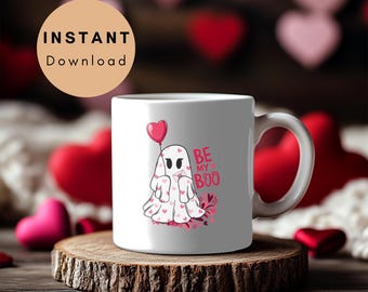 Envoltorio de taza para el día de San Valentín, imprimible digitalmente, hermoso y lindo fantasma Boo con globo, regalo para ella, él, esposa, esposo, pareja