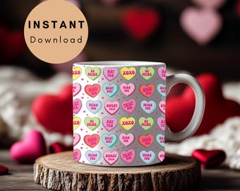 Envoltorio de taza para el día de San Valentín, imprimible digitalmente, hermoso diseño de texto con forma de corazón sin costuras, regalo para ella, él, novia, novio, pareja