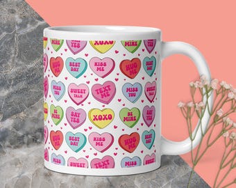Envoltorio para taza de San Valentín, hermoso diseño de texto en forma de corazón de caramelo sin costuras, regalo para ella, él, novia, novio, pareja