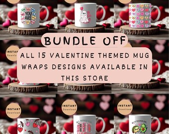 Paquete de envolturas para tazas de San Valentín para imprimir digitalmente, hermoso y lindo diseño de cereza sin costuras, regalo para ella y él