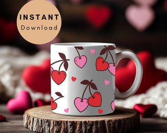 Envoltorio de taza para el día de San Valentín, imprimible digitalmente, hermoso y lindo diseño de cereza sin costuras, regalo para ella, él, novia, novio