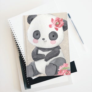 May include: A watercolor illustration of a cute panda bear with a pink flower on its head. The panda is sitting down with its arms crossed and is surrounded by pink flowers.