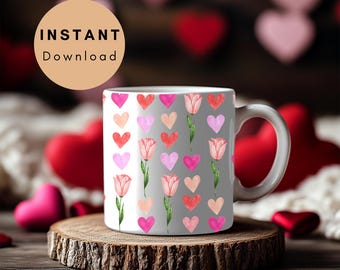 Envoltorio para taza de San Valentín Imprimible digitalmente Descargable Hermoso y lindo Diseño floral sin costuras Presente Regalo Ella Él Novia Novio
