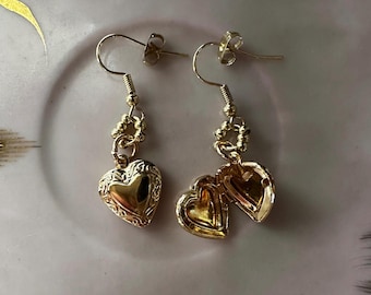 gold heart locket earrings