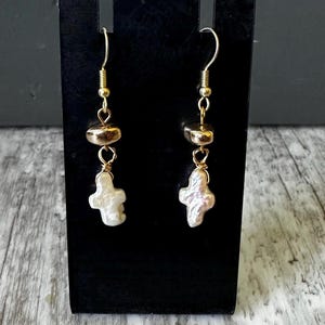 Dainty Gold Pearl Cross Earrings: Beaded Accent