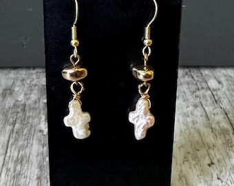 Dainty Gold Pearl Cross Earrings: Beaded Accent