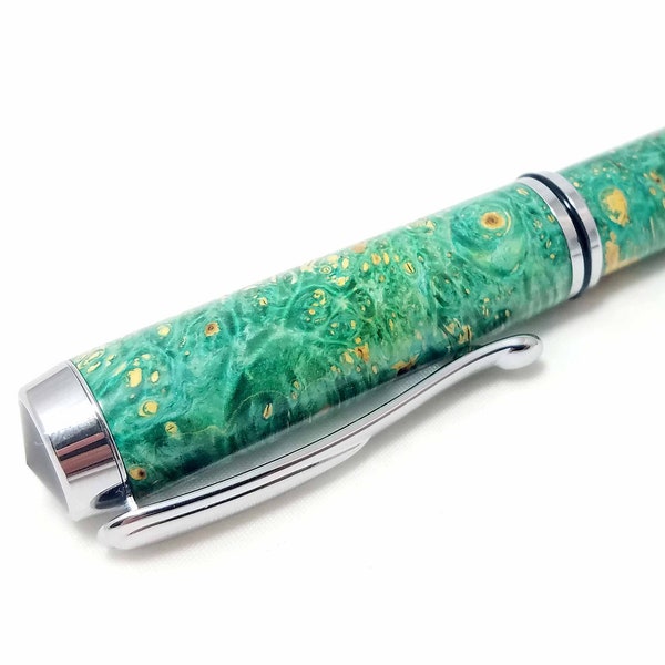 Turquoise-dyed buckeye burl fountain pen | Hand turned wooden pen