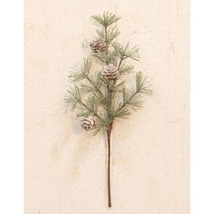 May include: A frosted pine sprig with three pine cones. The sprig is green and the pine cones are a light brown color.