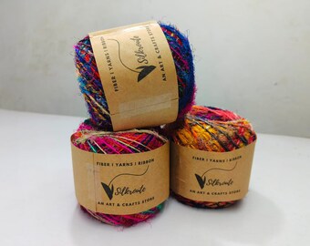 Boules de fil de soie sari recyclé multicolore : filé à la main, 100 mètres