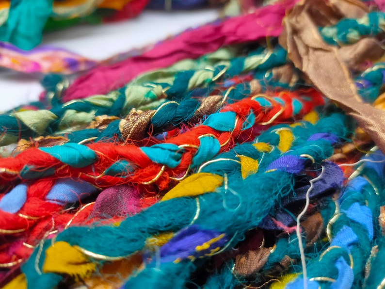 Sari Ribbon Yarn - Braided Lurex, Recycled Sari Yarn, Sari Silk Yarn, Recycled Silk, Hat Yarn, Jewellery Yarn, Recycled Craft Yarn