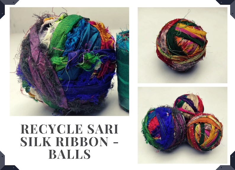 Purple and green sari silk ribbon ball beside smaller multicolored ribbon balls