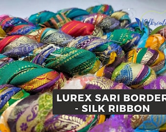 Recycled Sari Silk Ribbon: Multicolor Lurex Border, Handcrafted