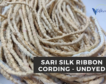 Undyed Sari Silk Ribbon Cording: Sparkling Lurex Hemmed Yarn