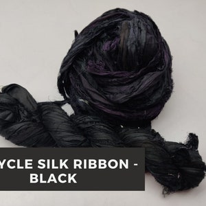 Black Recycled Sari Silk Ribbon: Handcrafted 1-1.5 Inch Wide Stripe