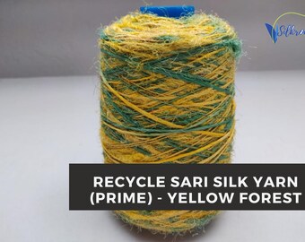 Recycled Sari Silk Yarn: Yellow Forest, Hand Spun, 450 yards