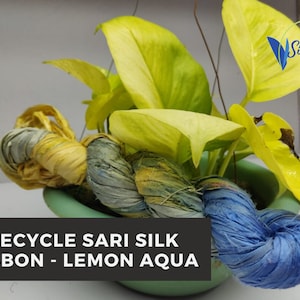 Recycled Sari Silk Ribbon - Lemon Aqua, Sari Silk Ribbon, Sari Ribbon, Macrame Ribbon