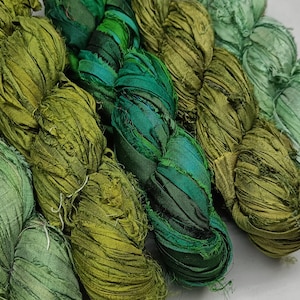 Nastro di seta Sari riciclato - Confezione da 5 sfumature di foresta / Nastro Sari / Nastro di seta / Nastro riciclato / Nastro di seta / Nastro di seta riciclato