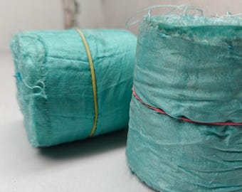 Recycled Sari Silk Ribbon Rolls: 3" Wide Fabric Strips -Torquoise