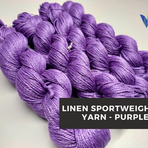 May include: Purple linen sportweight yarn in skeins. The yarn is a soft, light purple color and is perfect for knitting or crocheting.