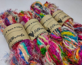 Multicolor Recycled Silk Yarn uncarded: Hand Spun Fiber Skeins - multi Uncarded