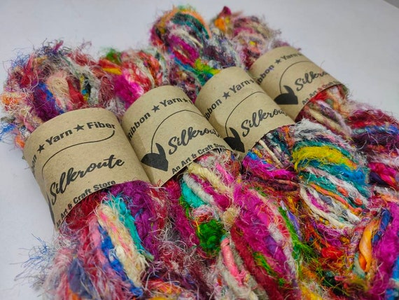 Multicolor Recycled Silk Yarn uncarded: Hand Spun Fiber Skeins - multi Uncarded