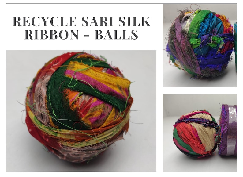 Close view of a wound sari silk ribbon ball with green, orange and pink fabric strips