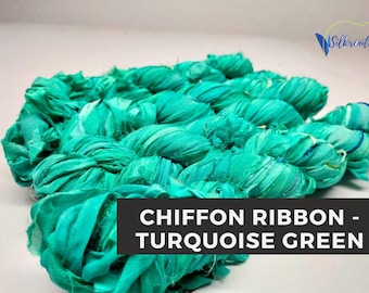 Hilo de cinta de seda de gasa hecho a mano: Tela sari reciclada verde turquesa