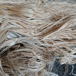 Detail of natural banana fiber strands spread loosely, showing their beige color and fibrous texture.