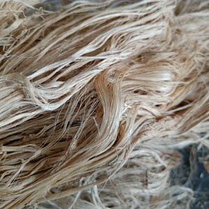 Close-up of long natural beige banana fiber strands layered together, showing the texture and slight color variation.