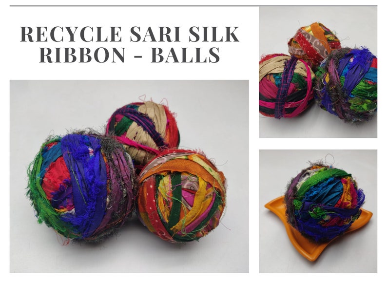 Several colorful sari silk ribbon balls with contrasting blue, yellow and red strips