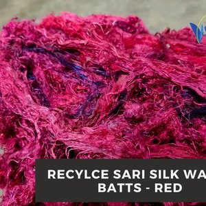 Red Sari Silk Waste Batts: Recycled Fiber for Spinning & Felting