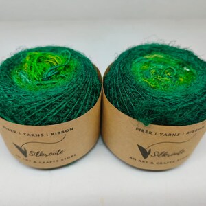 Green Recycled Sari Silk Yarn Balls: Hand Spun, 100 Yards