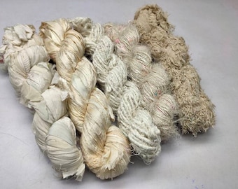 Ensemble fil blanc recyclé et ruban : soie sari, mousseline de soie, lin - écheveaux 100 g