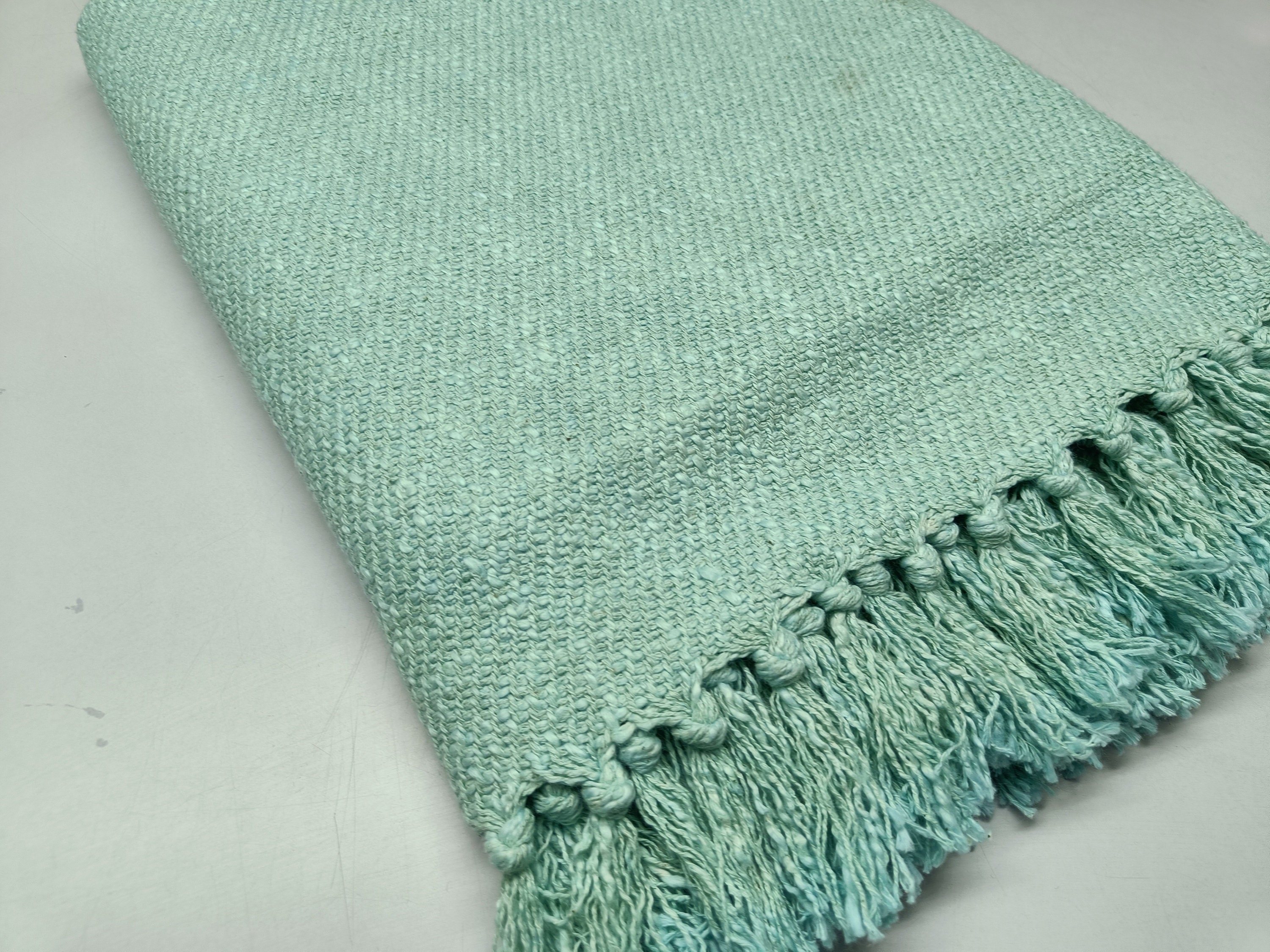 Handloom Woven Cotton Throw: Sea Green Furnishing Throw with Fringes (60"x55")