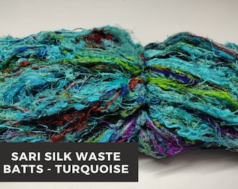 Turquoise Sari Silk Waste Batts: Recycled Fiber for Spinning & Felting