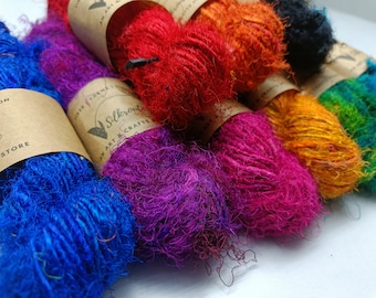 Handspun Recycled Sari Silk Yarn: 10 Assorted Colors, 50 Meters