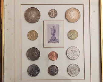 1984 Royal Viking Line-Mexico/Hawaii Urlaubskreuzfahrt 11 unzirkulierte Münzen+ Hawaii 3 Cents Briefmarke in einem Rahmen