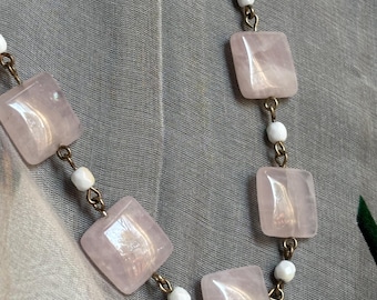 Vintage Rosenquarz und weiße Perle Silberkette und Ohrringe Set
