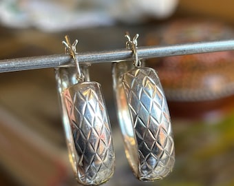 Vintage Sterling Silber Creolen, Kreuzschraffur Muster, I Zoll Durchmesser, gemarkt SA