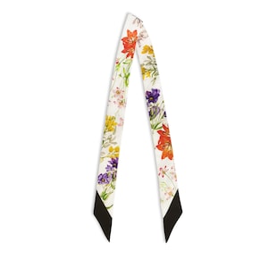 100% Mulberry Silk Skinny Scarf in Flower Luxury Inspired Printed Bag Hairband Ribbon Handbags Accessories Black White Floral Tie