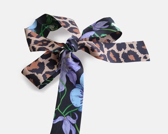 100% Mulberry Silk Skinny Scarf in Leopard Print Flower Luxury Inspired Bag Hairband Ribbon Handbags Accessories Violet Floral Tie