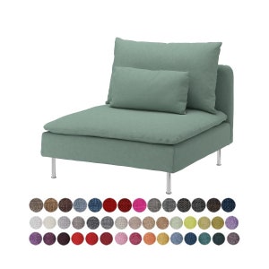 May include: A light green fabric armchair with a removable cushion and silver legs. The armchair is available in a variety of colors.