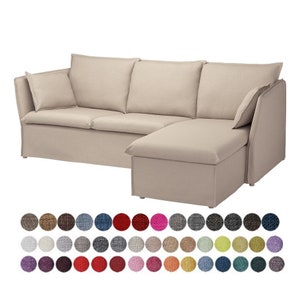 May include: A beige sectional sofa with a chaise lounge. The sofa has a tufted back and a loose cushion. The chaise lounge has a storage compartment. The sofa is available in a variety of colors.