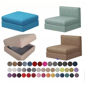 May include: Four modular furniture items in different colours: a blue ottoman, a light green chair, a beige ottoman with an open storage compartment, and a brown chair. A selection of fabric swatches is shown below the furniture.