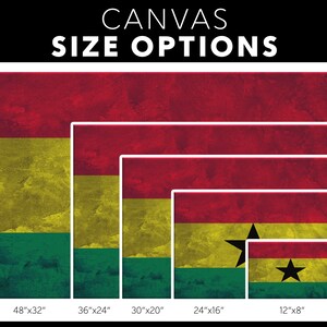 May include: Five different sizes of canvas prints featuring the flag of Ghana. The flag is red, yellow, and green with a black star in the center. The sizes are 48 inches by 32 inches, 36 inches by 24 inches, 30 inches by 20 inches, 24 inches by 16 inches, and 12 inches by 8 inches.