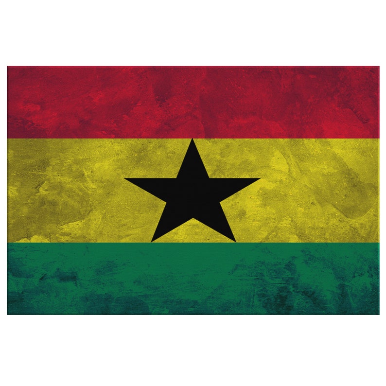 May include: The flag of Ghana, a horizontal triband of red, yellow, and green with a black five-pointed star in the center of the yellow band.