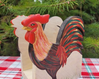 Rooster Napkin Holder Hand painted Wood Chicken Decor